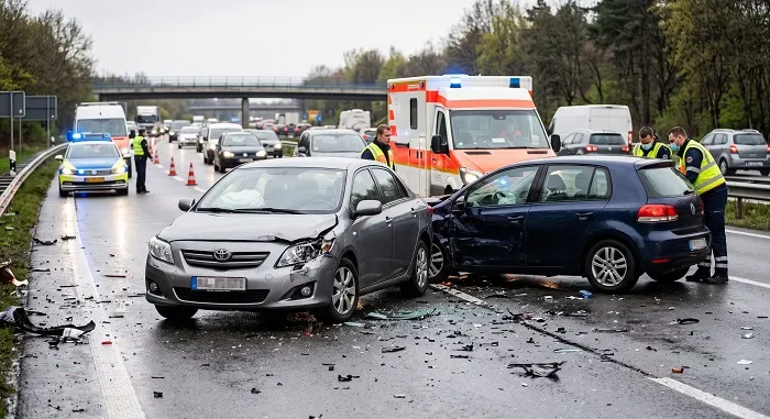 Two-car crash on a highway with police and an ambulance