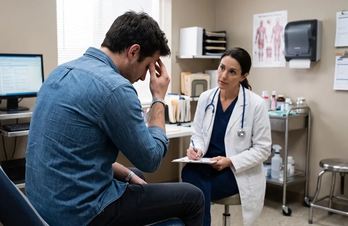 Doctor taking notes as an injured man holds his head