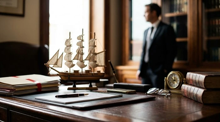 Escritorio de bufete de abogados con un velero en miniatura y expedientes judiciales.